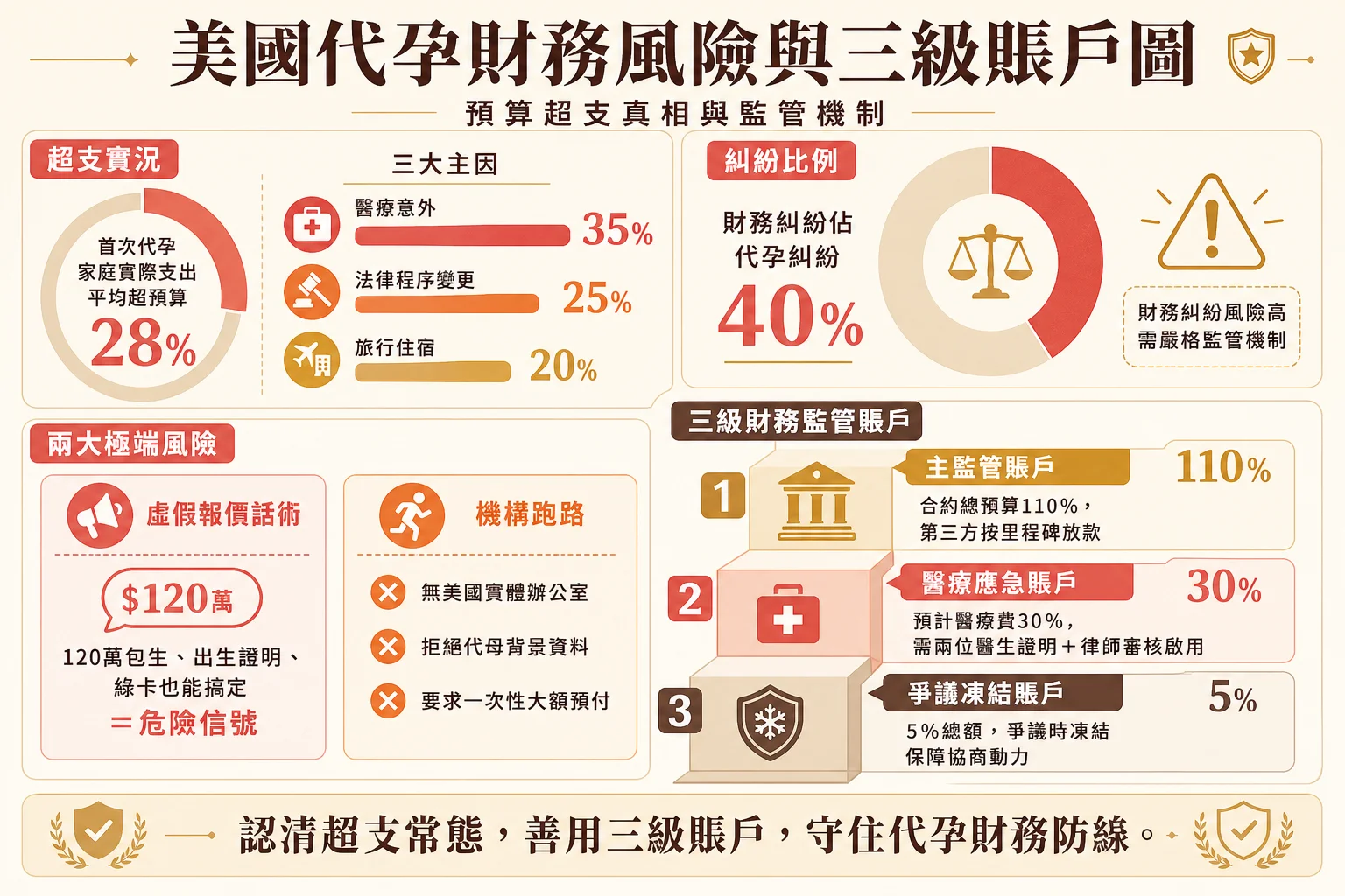 美国代孕财务风险信息图:预算超支28%、诈骗与跑路极端形态与三级财务监管账户