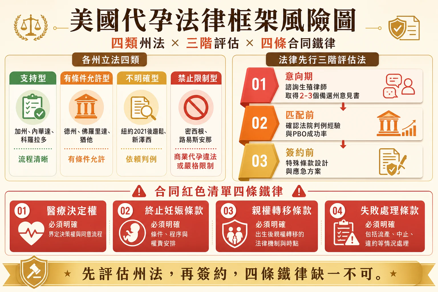 美国代孕法律框架风险信息图:各州立法四类、法律先行三阶评估法与合同红色清单四条铁律
