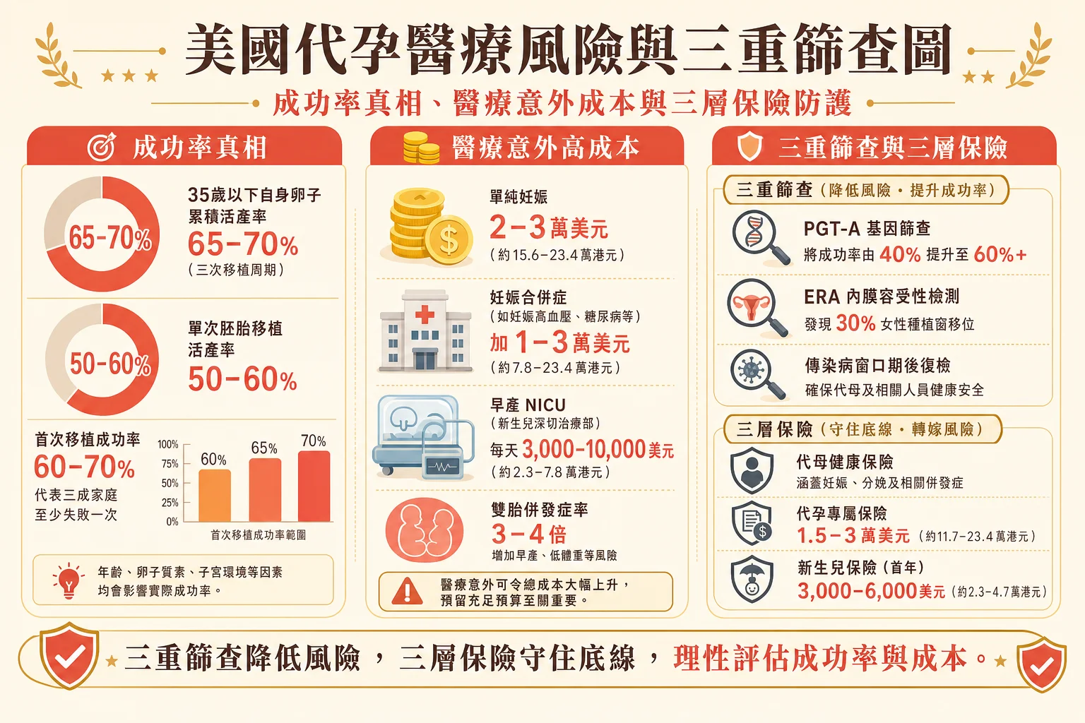 美国代孕医疗风险信息图:成功率真相、医疗意外成本、胚胎三重筛查原则与三层保险防护