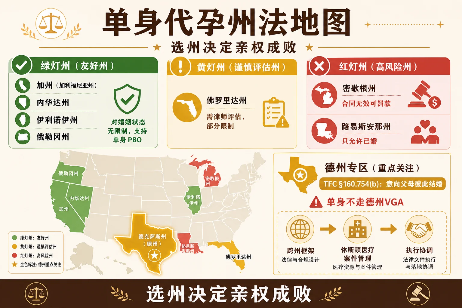 单身代孕州法地图与德州口径信息图