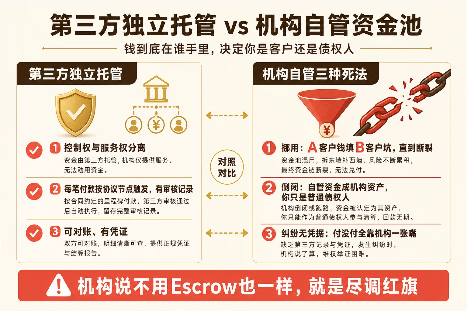 第三方托管vs机构自管对照信息图