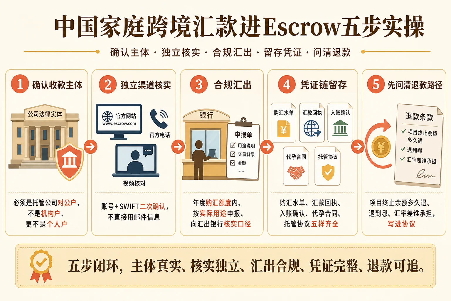 中国家庭跨境汇款进Escrow五步信息图